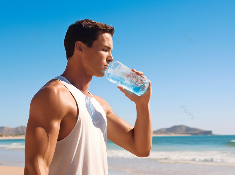 一个帅气年轻人在海滩上喝水摄影实拍,高清,摄影图,摄影图片,图片大全,摄影图免费下载